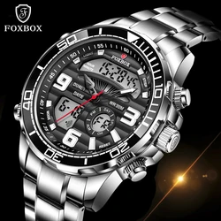 Mens Watches 2022 New FOXBOX Dual Display Stainless Steel Sport Wrist Watch For Men Waterproof Date Clock Relogio Masculino+Box