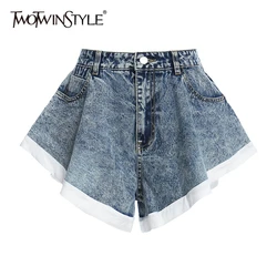 Twotwinstyle Elegante Vrouwen Denim Shorts Hoge Taille Patchwork Hit Kleur Ruches Shorts Voor Vrouwelijke Mode Kleding 2021 Zomer Nieuwe