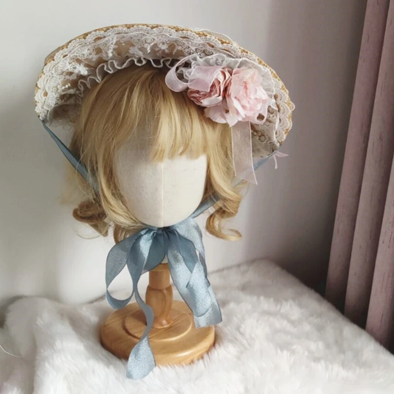 Headdress Elegant Flat Top Straw Hat with Chin Strap Flower Hat Sweet Ruffle Lace Headwear Cosplay Headpiece