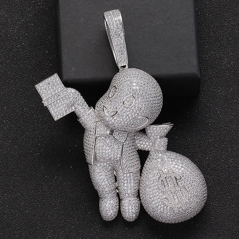 S925 Sterling Silver Bling Ice Out Big Size Angel Give Dollars Money Pendants Necklaces for Men Hip Hop Rapper Jewelry