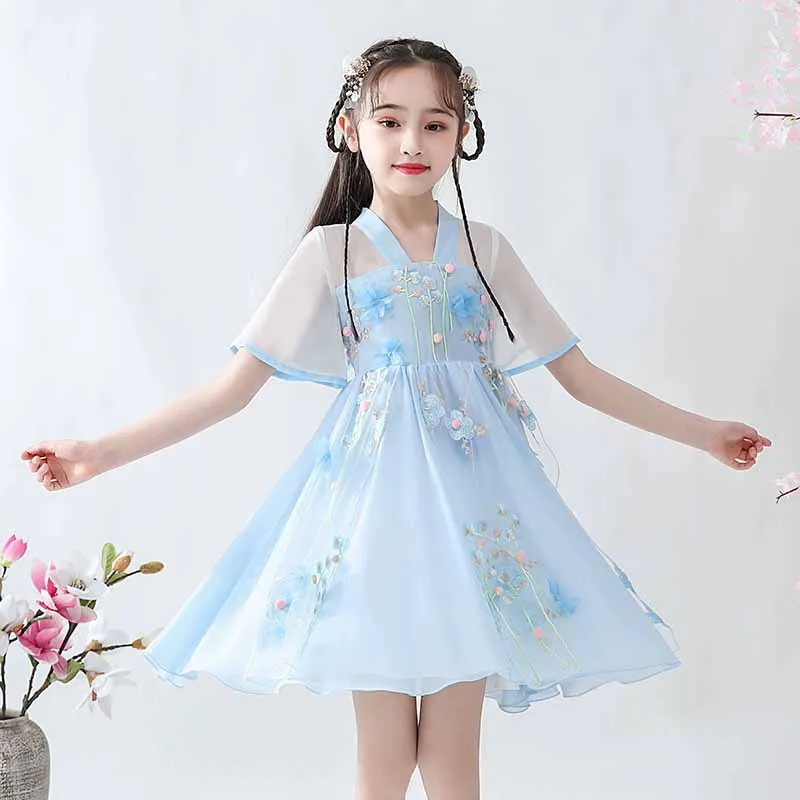 Nieuwe Zomer Sweet Kids Jurk Voor Meisjes Chinese Stijl Tiener Hanfu Nieuwe Jaar Kerst Kinderen Uitloper Kleding Cheongsam