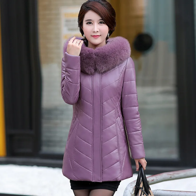 M-8XL Women Big Fur Collar Split Leather Coat Winter Fashion Sheepskin Jacket Thicken Warm Hooded Overcoat Outerwear Female