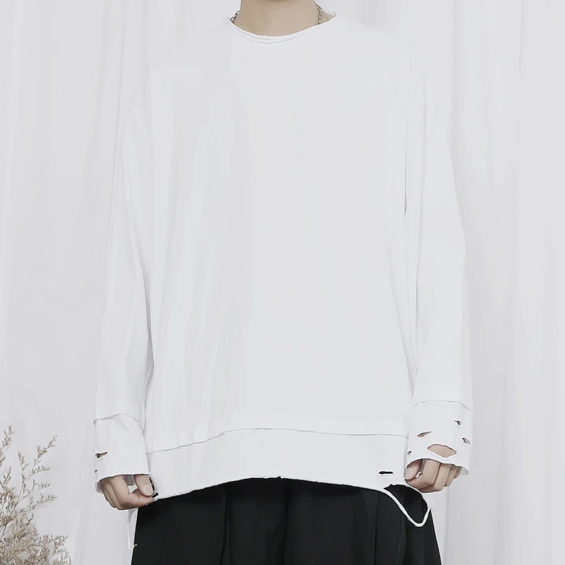 Men's new hip-hop street fashion trend men's leisure hole long sleeve loose large size T-shirt sweatshirt