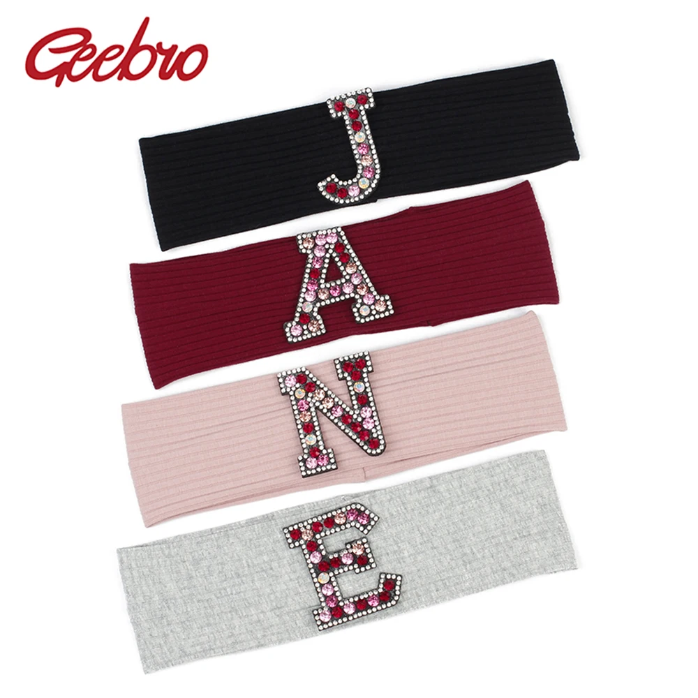 Geebro Children Fashion Ribbed Hairband Kids Girl Knitted Headband Boy Elastic Hair Accessories With Letter Rhinestone Headwear