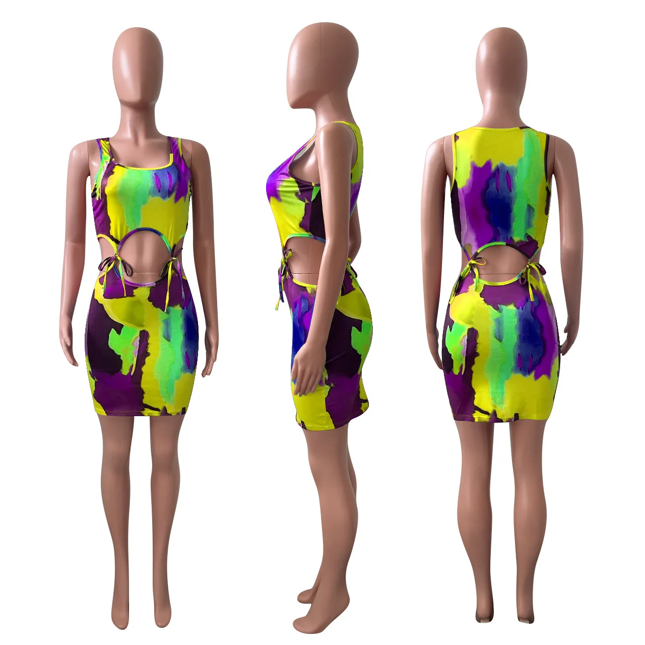 2021 Tie Dye Sexy Mini Dress แขนกุด Cut Out Vestidos Night Club Party ชุด Holiday Beach สวม Bodycon Sundress