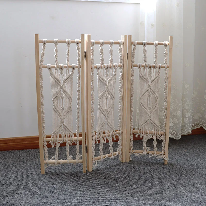 Bohemian Hand-Knitting Wood Room Divider Screen Partition Modern Bamboo Folding Brief Hanging Cutout Curtain Home Decoration