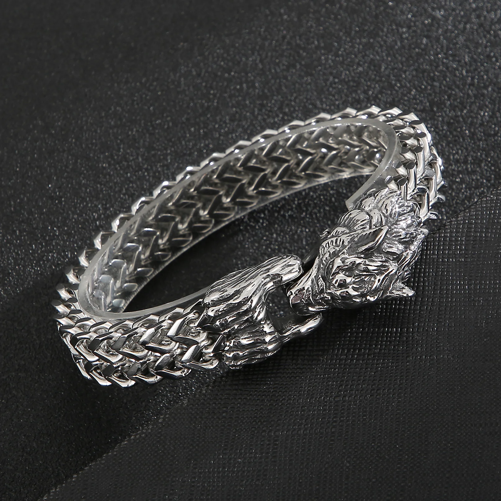 Fongten Wolf Head Animal Punk Men Bracelet Viking Retro Stainless Steel Wristband Charm Trendy Mesh Chain Bangle Jewelry image 3