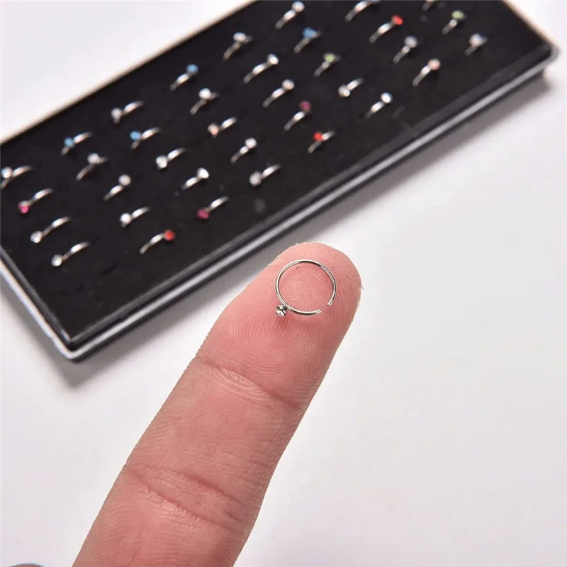 40/60 STKS Crystal Stud Neusring Set 1.8mm Rvs Neus Hoop Set Lshape Indian Neus Stud Pack Piercing Nariz Hoop Sieraden