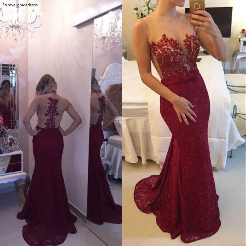 Vestido de fiesta de sirena sin mangas de encaje rojo burdeos