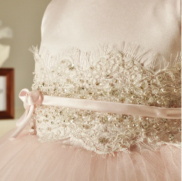 o-neck pink tulle lace sashes button flower girl Dresses for weddings 2016 first communion dresses for girls tea-length beading