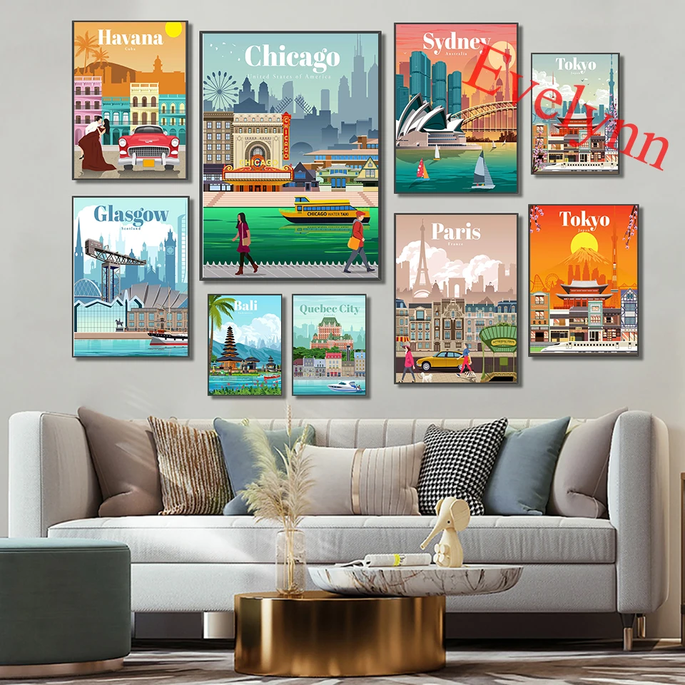 Travel Poster,Paris Japan Chicago Vintage Venice Australia Amsterdam Germany Budapest Living Room Decor Prints Wall Art Canvas