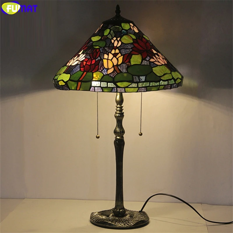 FUMAT Tiffany Style Stained Glass Table Light Multicolor Rose Lotus Flower Lampshade Arts House Decor Alloy Frame Rero Desk Lamp