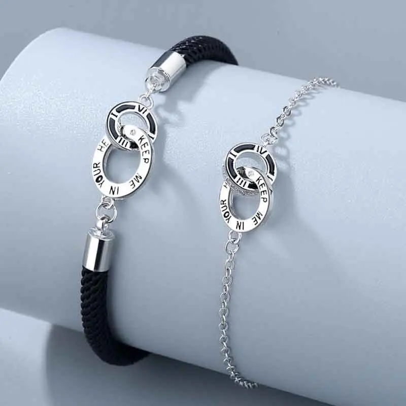 Currsac العصرية اثنين دائرة أساور للنساء الرجال 925 فضة مجوهرات عيد الحب حبل أسود سلسلة الإسورة عشاق هدية