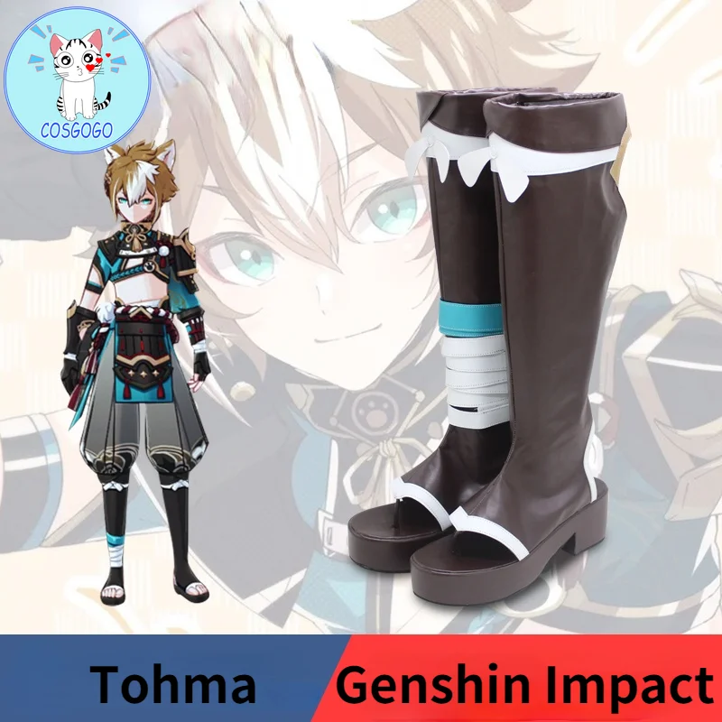 Genshin Impact Thoma 코스프레 신발 부츠 할로윈 코스프레 의상 액세서리 소품 PU 가죽 애니메이션