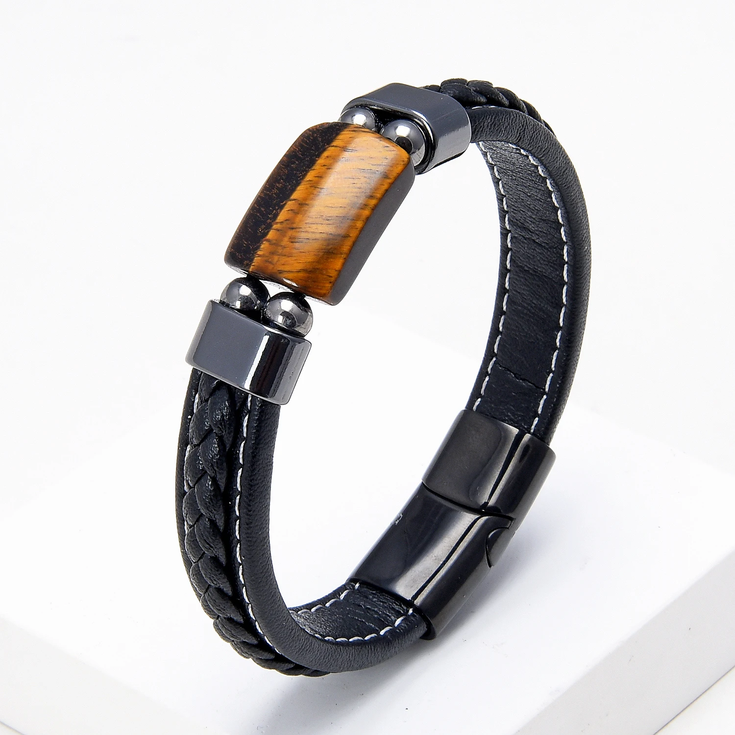 Natural Square Tiger Eye Stone Men Bracelets Charm Stainless Steel Magnetic Buckle Classic Women Bracelet Fashion Jewelry