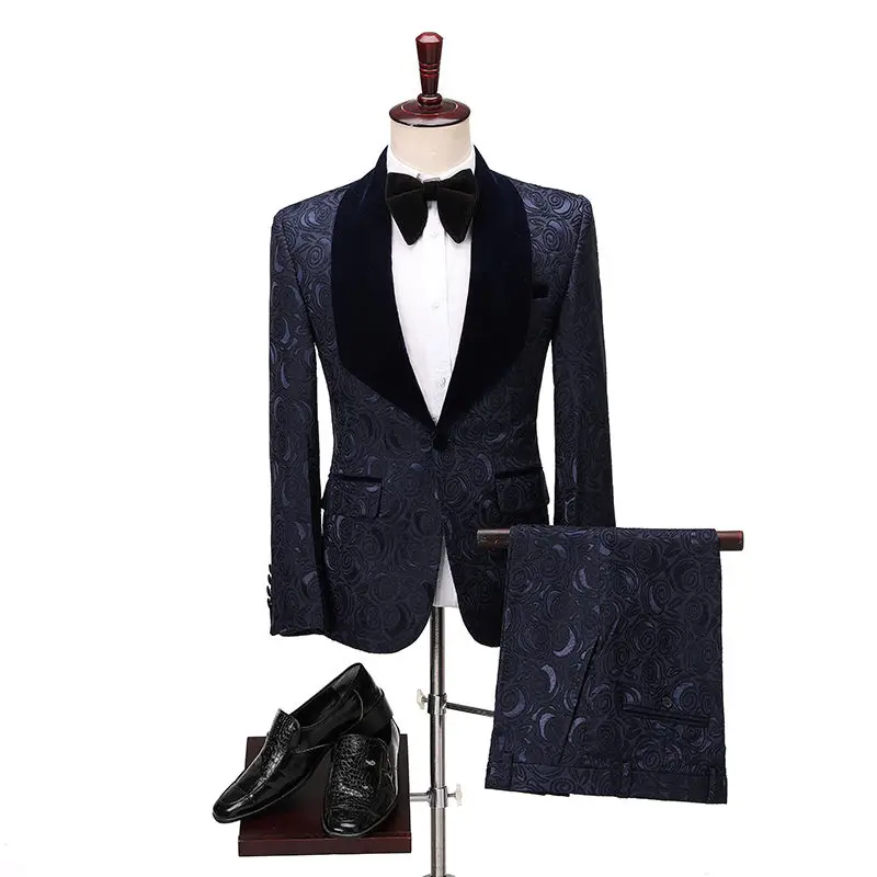 

JELTONEWIN 2021 Navy Blue Paisley Men Suits Velvet Lapel Groom Smoking Prom Best Man Blazer Slim Fit Men Wedding Suits Tuxedo