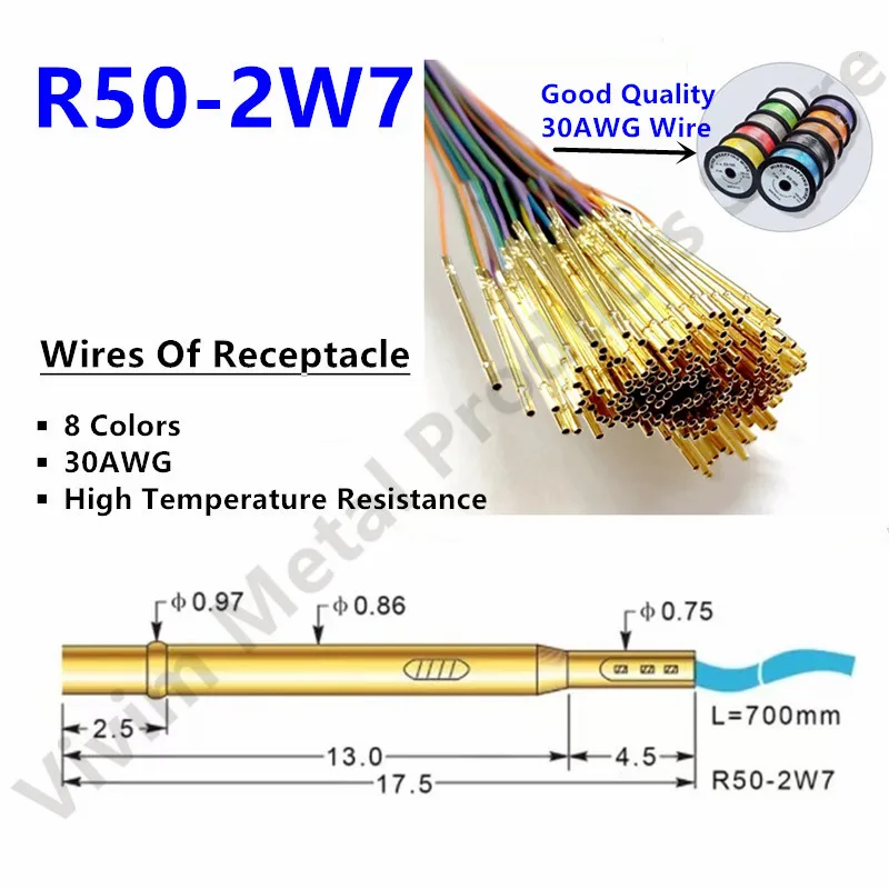 Socket R50-2W7 Length 17.5mm Spring Test Probe Receptacle Bare PCB Pogo Pin Pre-wired wire 30AWG High temperature resistant wire