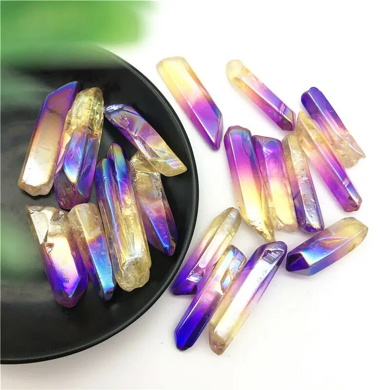 50g Electroplated Purple and Yellow Titanium Aura Lemurian Seed Quartz Crystal Stones Specimen Natural Stones and Minerals