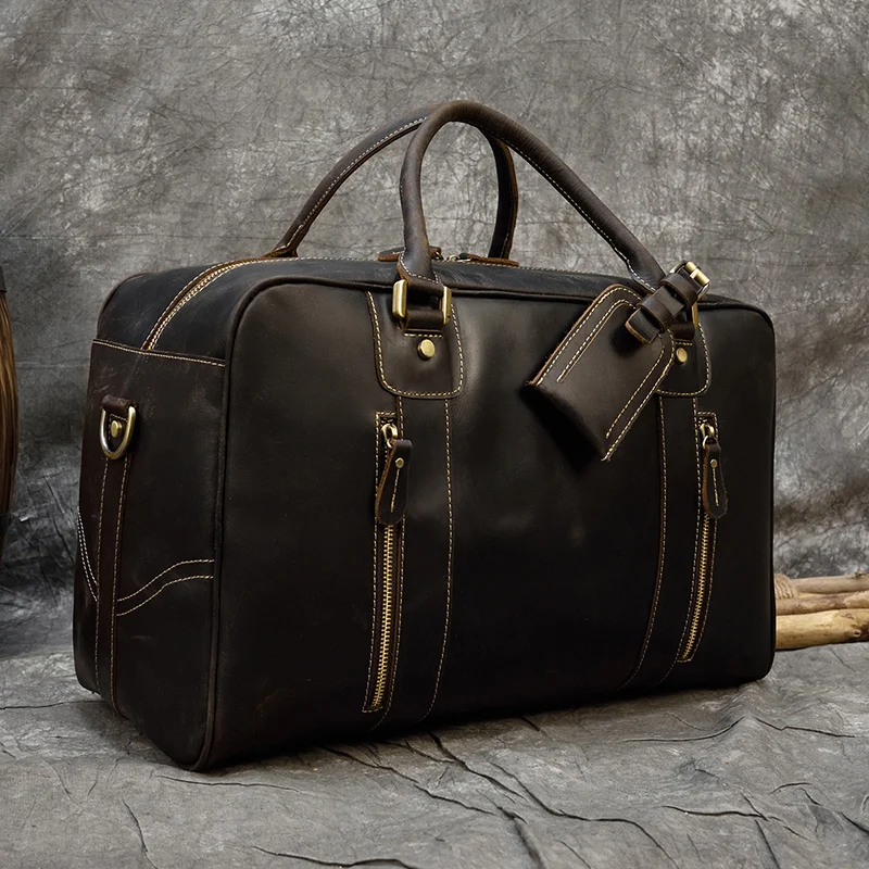 Vintage Leather Travel Bag Crazy Horse Leather Fashion Handbags For Man Male Leather Duffle Bags Brown Weekender Bag