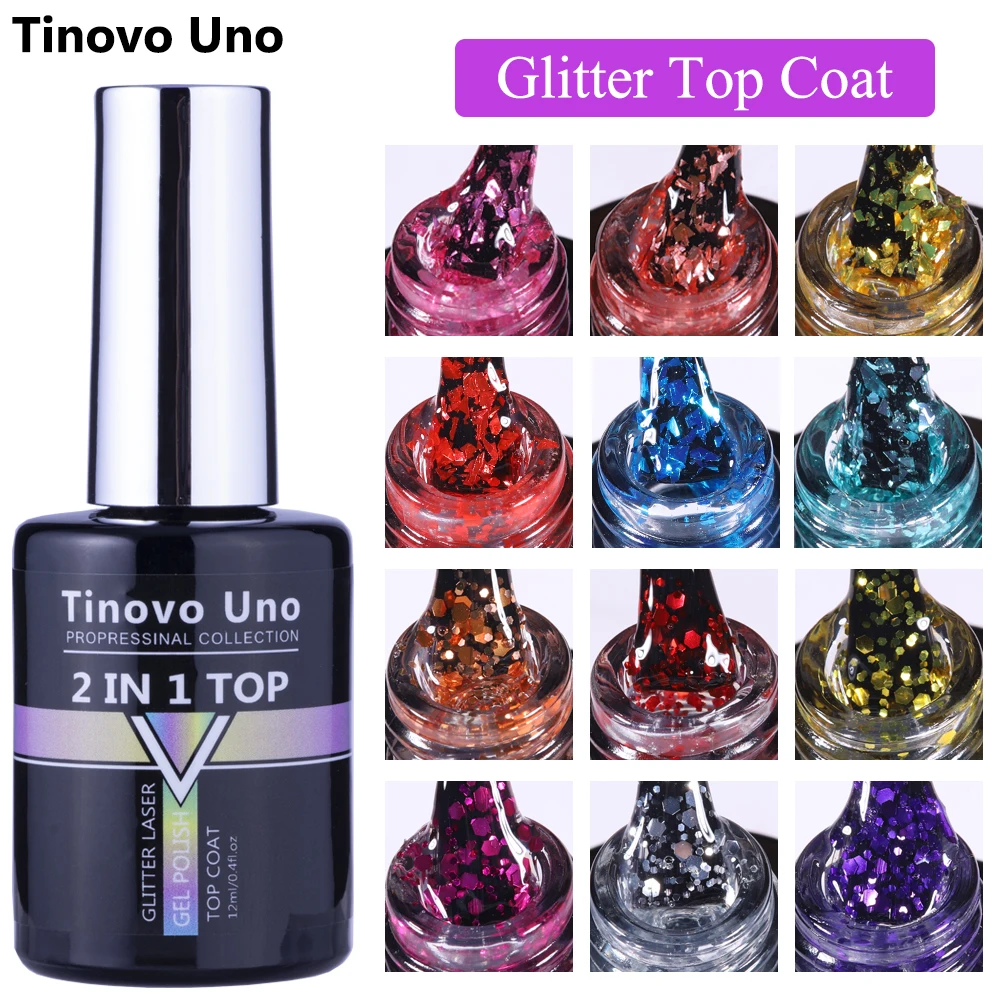 

Tinovo Uno Top Coat Glitter Gel Nail Polish 2 IN 1 Clear Sparkle Gel Varnish UV/LED Brillo Topcoat No Wipe Sequins Nails Lacquer