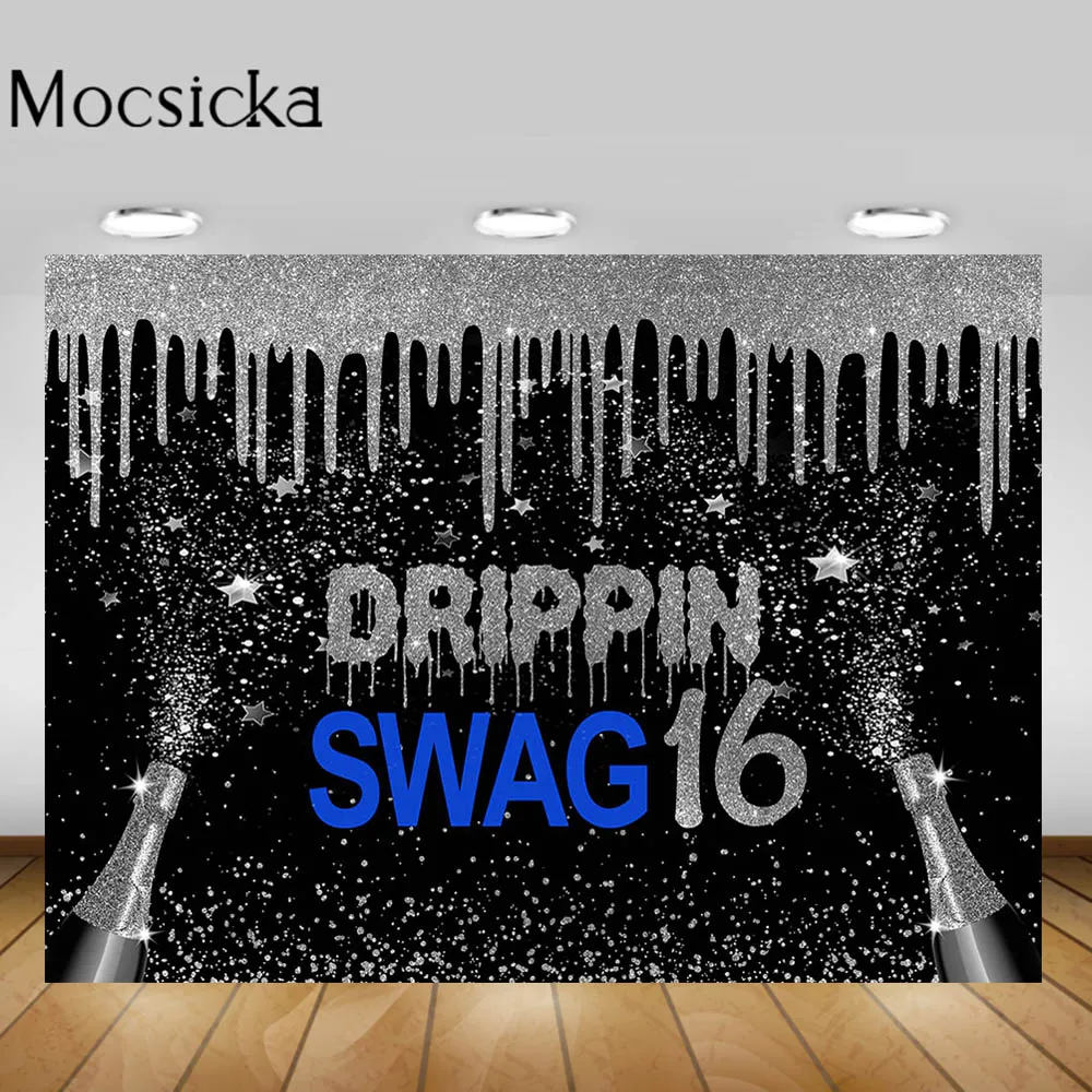 

Mocsicka Drippin Swag 16 Backdrop 16th Birthday Party Photo Background Decoration Champagne Golden Silver Star Photography Props