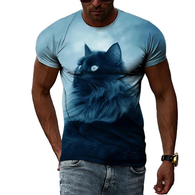 Fashion Personality Cool Style Cat graphic t shirts For Men Summer Animal Pattern 3D Print Black T-shirt O-neck Comfortable Top