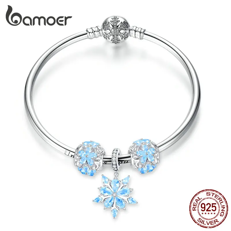 bamoer Genuine 925 Sterling Silver Winter Snowflake Princess Bangle for Women Charm Bracelet Luxury European Bijoux SCB833