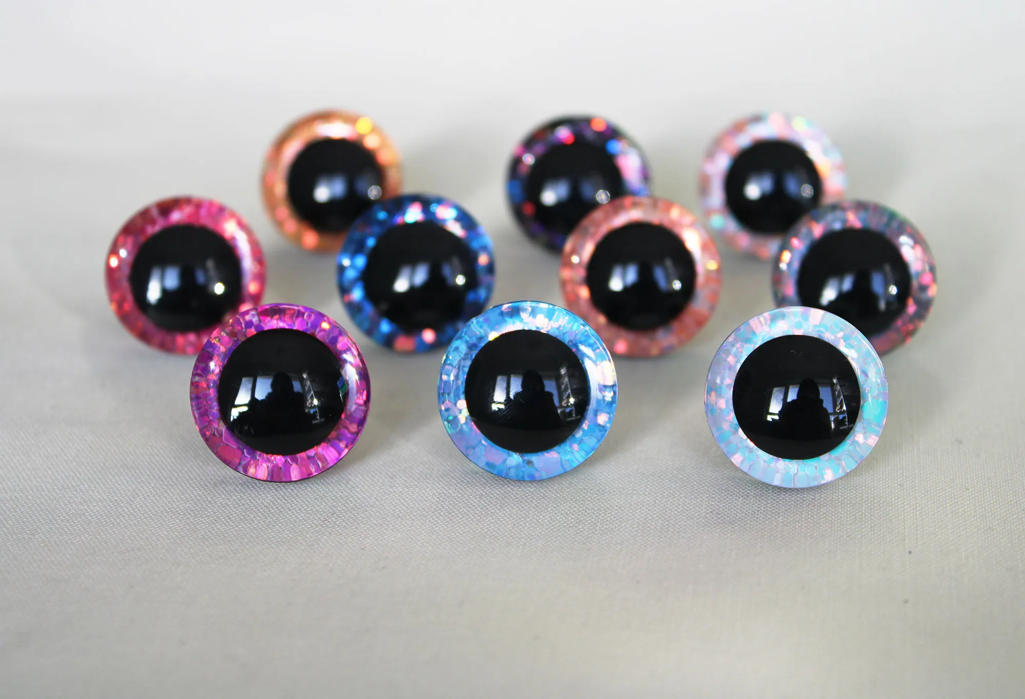 10 Farben gemischte, klare, bunte Sicherheitsaugen, 25mm 30mm, 3D komische runde Glitzer-Spielzeugaugen mit harter Unterlegscheibe und Glitzer – Detail 32