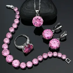 Round Stones 925 Silver Jewelry Sets for Women Pink Cubic Zirconia White Crystal Earrings Pendant Ring Bracelet Necklace Kit