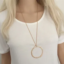 Simple Design Gold Color Big Circle Pendant Long Necklace Women Fashion Gold Color Figur Medallion Pendant Long Necklace