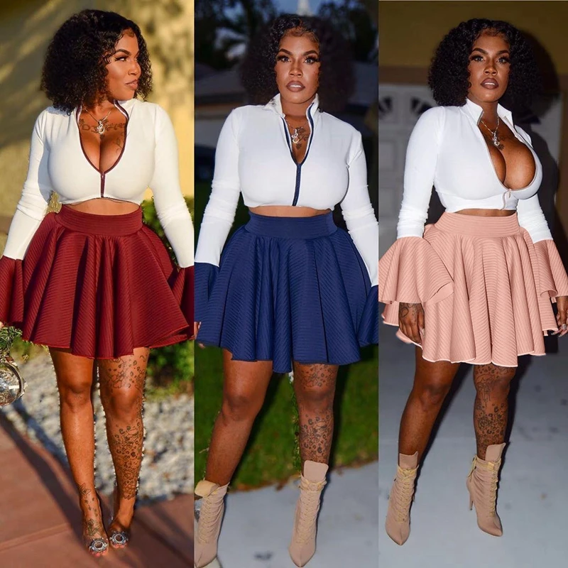 Fashion Women Clothing Sexy Two Piece Set Party Club Outfits Flare Sleeve Zipper Crop Top And Mini Pleated Skirt Set For Women