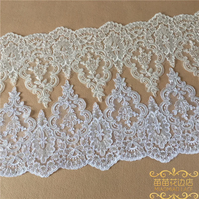 Delicate 1Yard White/Ivory Sequin Cording Fabric Flower Venise Venice Mesh Lace Trim Applique Sewing Craft for Wedding Dec. 23cm