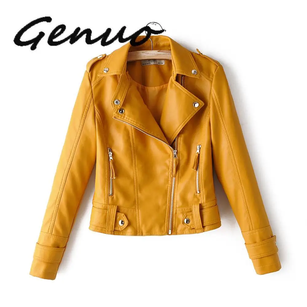 2020 Green Biker Jacket Women Trun Down Collar Red Leather Jacket Modis Black PU Casual Coat Streetwear Fashion Clothes Fall