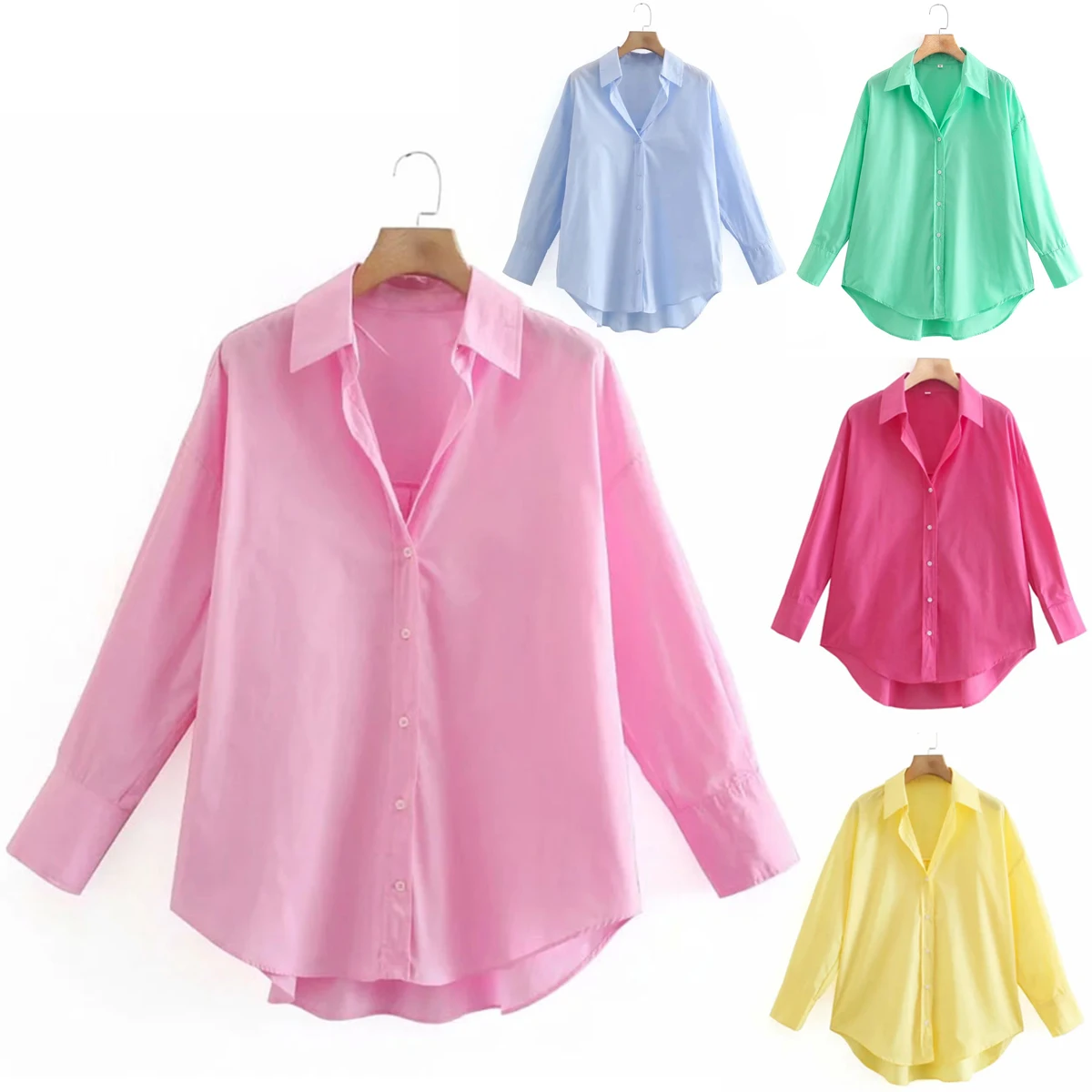 Women Blouses Simply Candy COlor Single Breasted Poplin Shirts Office Lady Long Sleeve Blouse Roupas Chic Chemise Tops Cotton