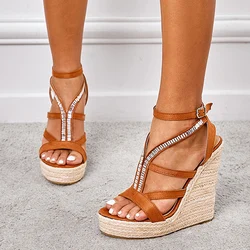 New Summer Wedge Sandals Women Straw Rope Weave Thick Bottom Platform High Heels Fashion Open Toe Buckle Strap Rhinestone Shoes