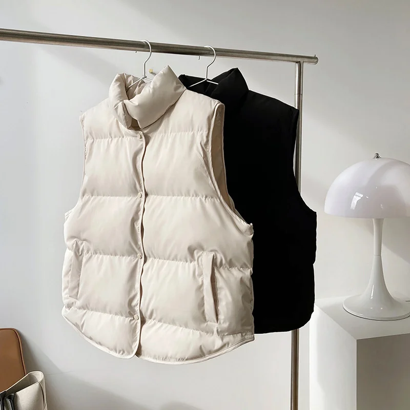 Stand Neck Puffer Cotton Vest Beige Black Autumn Winter Loose Vest Women Jacket