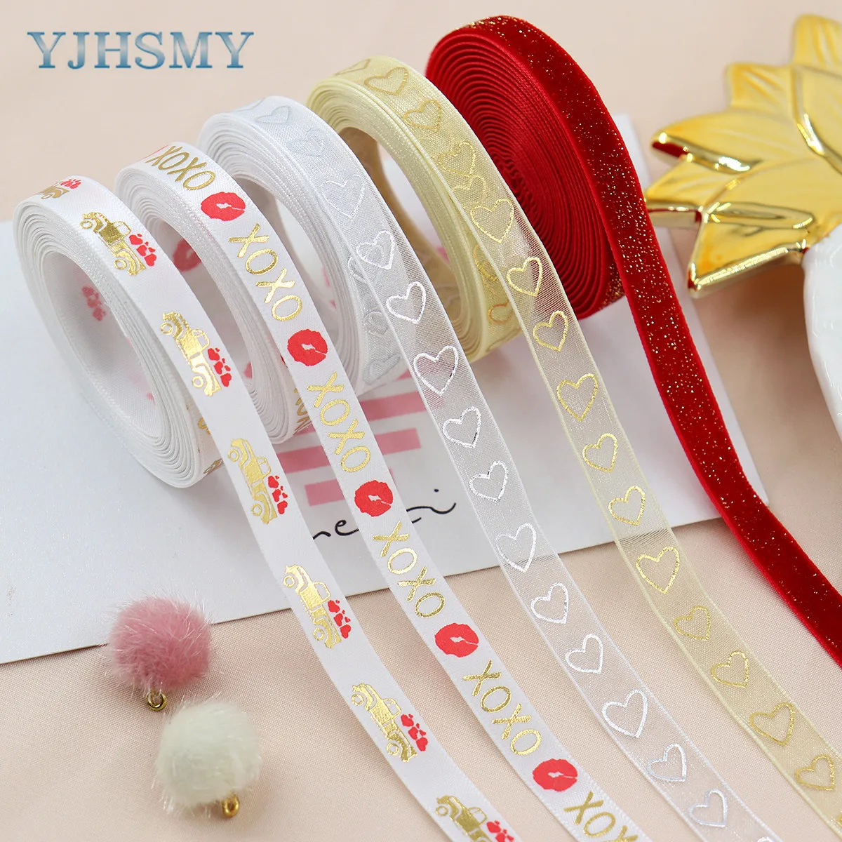 Valentine's Day Ribbons Heart Ribbons Craft Ribbons for Valentine  Wedding Craft，Mother's Day Ribbon , 3/8 inch x 5 Yards