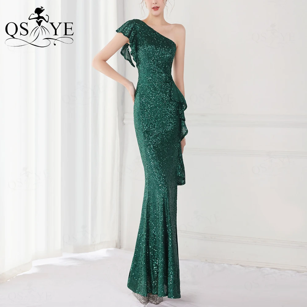 

One Shoulder Green Prom Dresses Ruffles Sequin Sheath Evening Gown Short Sleeve Split Glitter Fit Emerald Formal Party Gown Chic