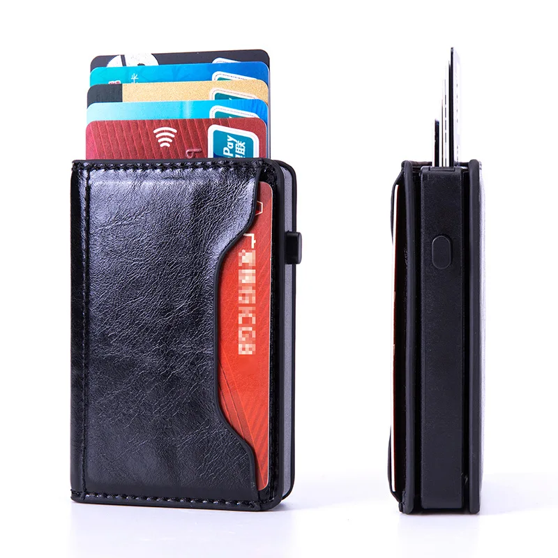 Crazy Horse Leather Men Aluminum Wallet Back Pocket ID Card holder RFID Blocking Magic Wallet Automatic Credit Card Coin Purse