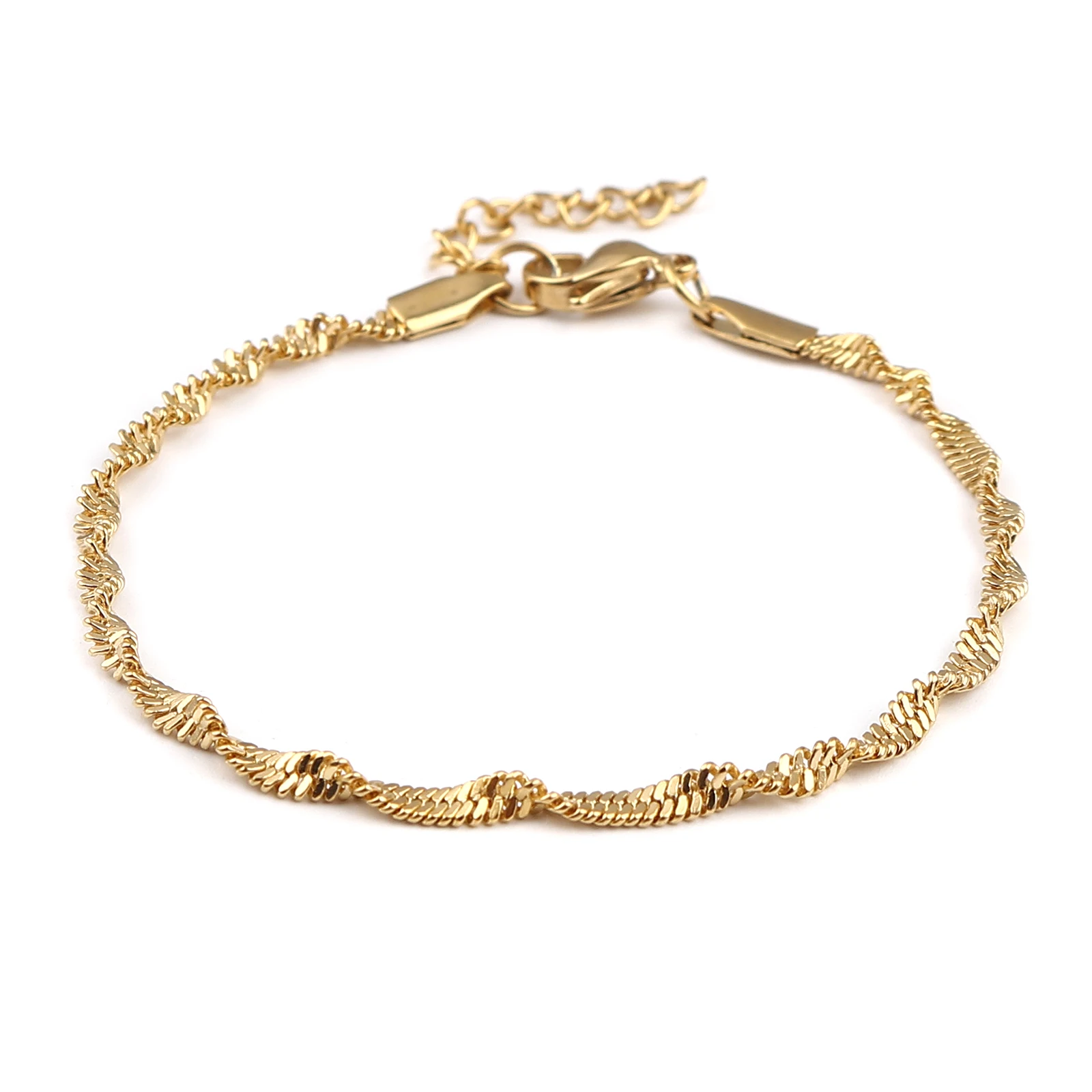 Stainless Steel Link Chain Gold Color Corrugate chain Lobster Clasp Bracelets For Women Girl Jewelry Gift 17cm long, 1 Piece