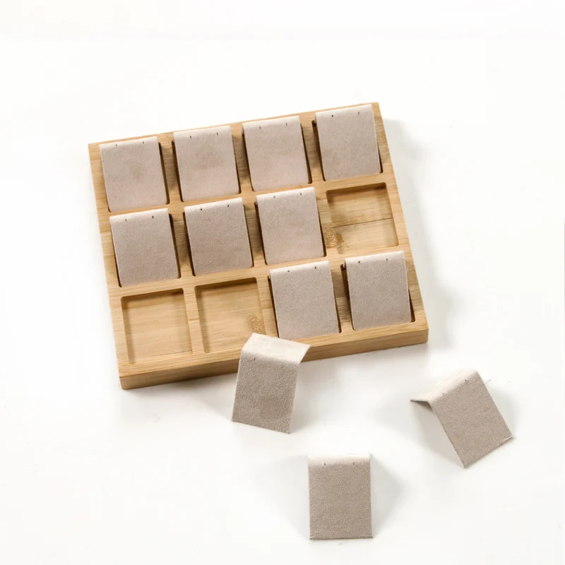 Beige Velvet Wood Tray New Wedding 12 Pairs Earring holder Wooden Beads Organizer Box Velvet Necklace Box  Jewelry Display Stand