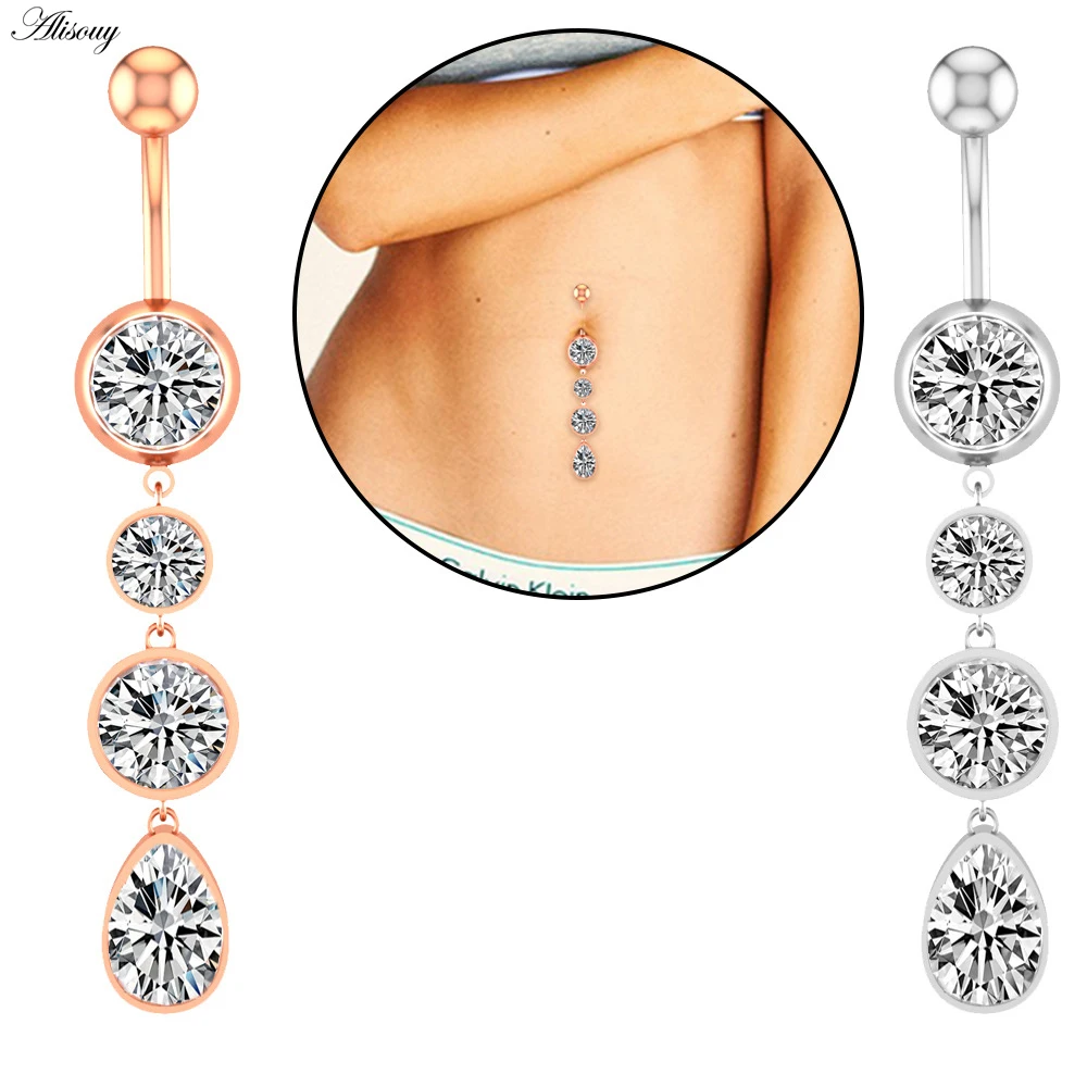 Alisouy 1pc Flower Heart Dangled Belly Navel Piercing Button Ring 14G Stainless Steel CZ Crystal Opal Ombligo Woman Body Jewelry