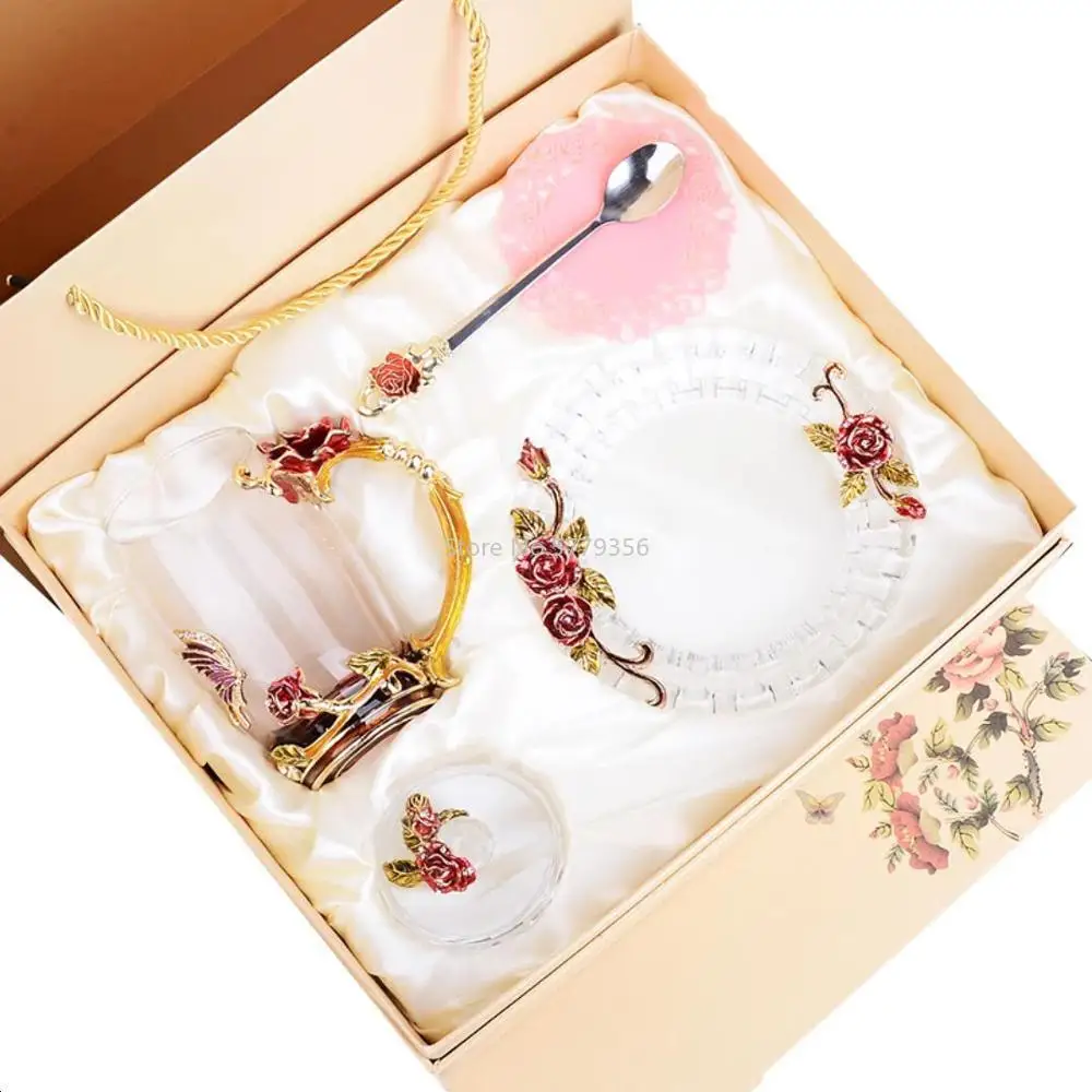 Hand-made Enamel Crystal Cup Glass Coffee Mug Gift Box Tea Cup and Mugs High-grade Glass Cup Couple Mug Lover Wedding Gift