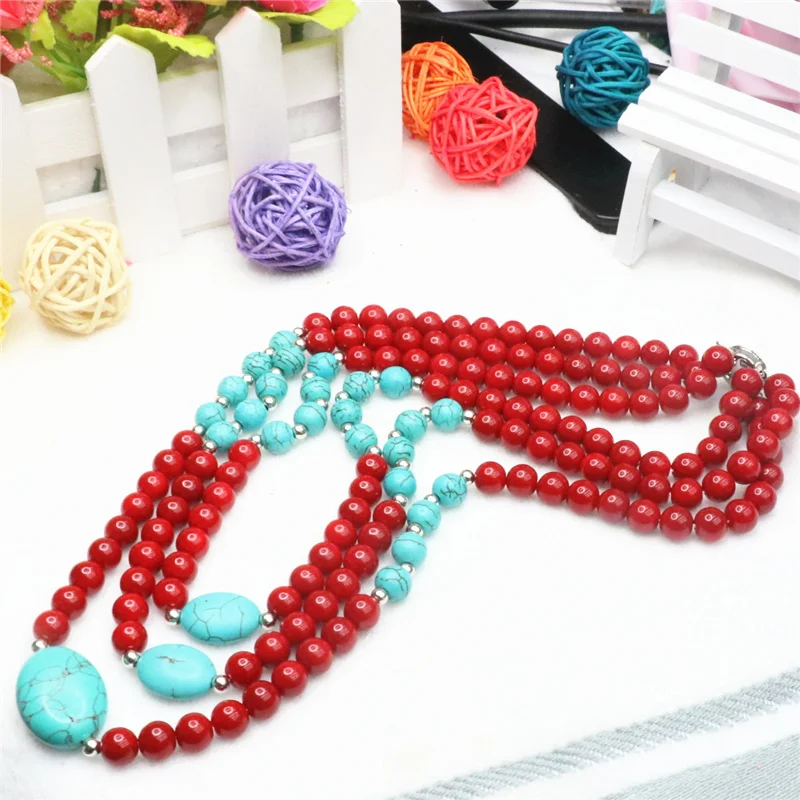 New arrival red artificial coral charms calaite stone turquoises 8mm beads diy semi-precious necklace making 18 inch BV113