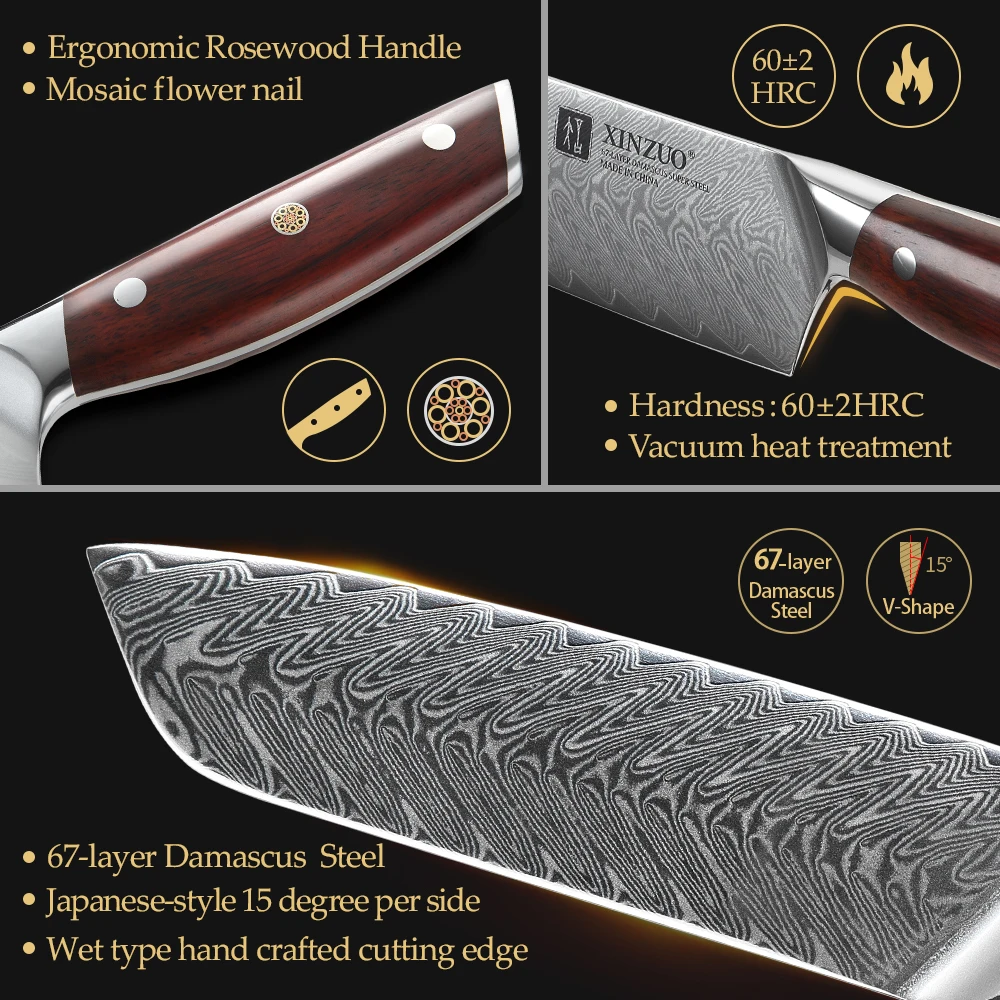 XINZUO Damascus Steel Kitchen Knives Set Japanese Style Chef Bread Meat Santoku Cleaver Paring Kitchen Knife Kitchen Accessories