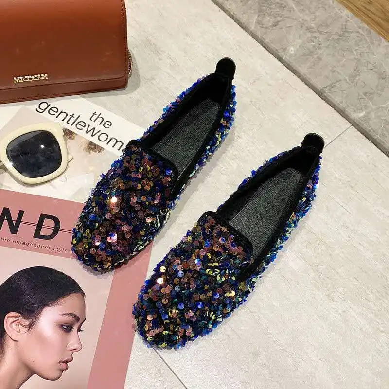 2020 New Flat Womens Shoes Diamond Peas Loafers Joker Ladies Shoes Casual Student Flats Platform Shoes Bling Zapatos De Mujer