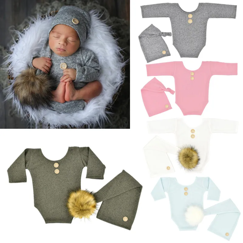 

2 Pcs Knitted Baby Romper Hat Set Long Tail Beanie Cap Jumpsuit Bodysuit Outfit for 0-3 Months Newborn Photography Props Costume