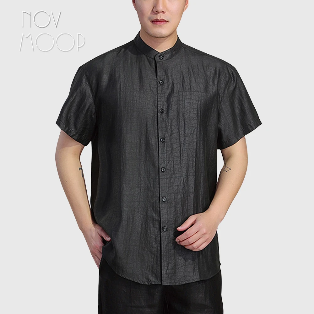 

Novmoop special treatment xiangyun silk men's shirt top stand collar office business wear top grade Camisa de seda LT3473