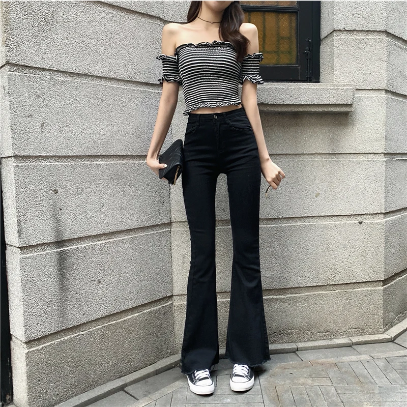 Frauen Jeans Heigh Taille Stretch Ausgestelltes Hosen Koreanische Mode Dünne Hose Blau Schwarz Denim Boot Cut Hose S-5XL