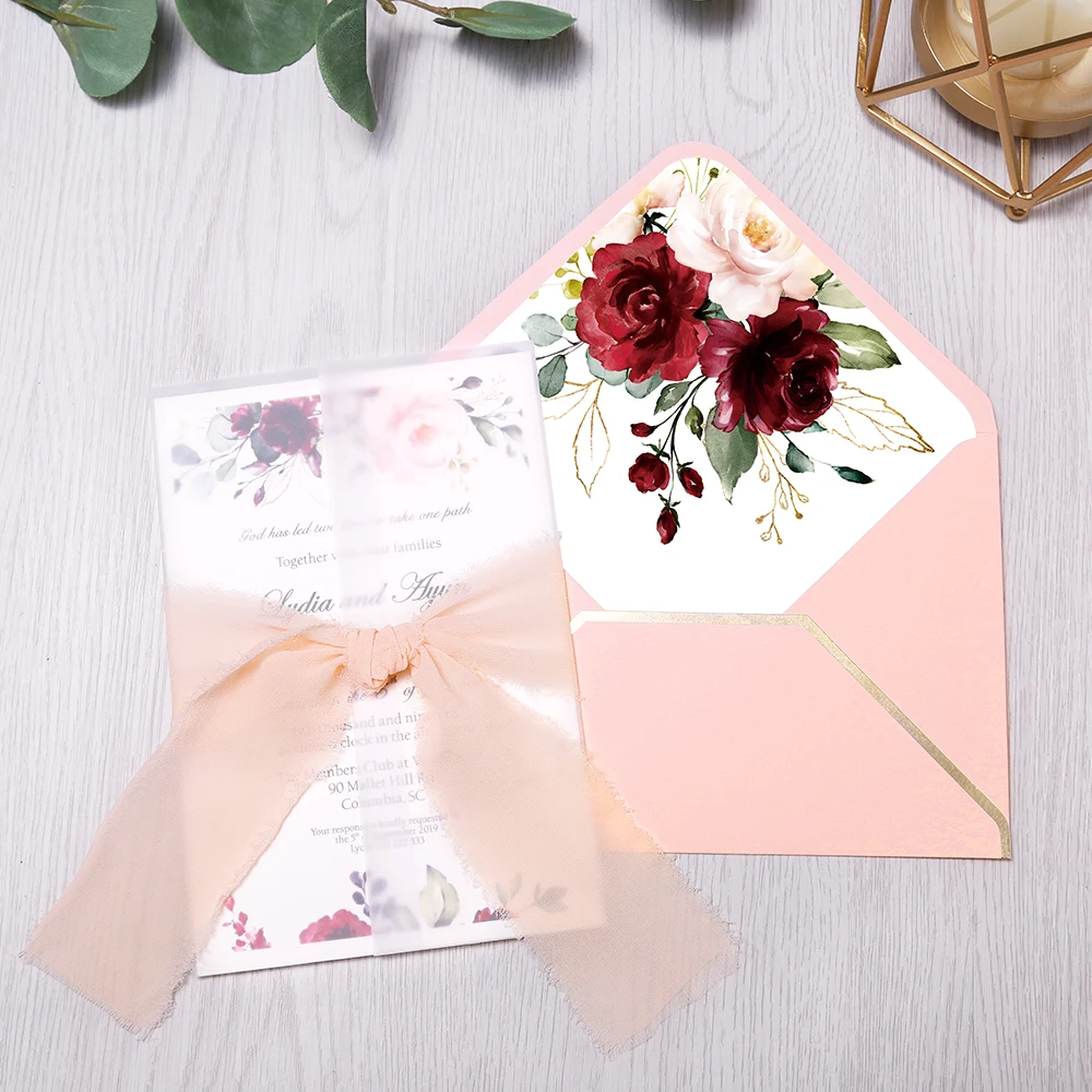 

50pcs Invitations Cards Bridal, Baby Shower Invite, Birthday, Dinner Invites, Pink pocket with Flower